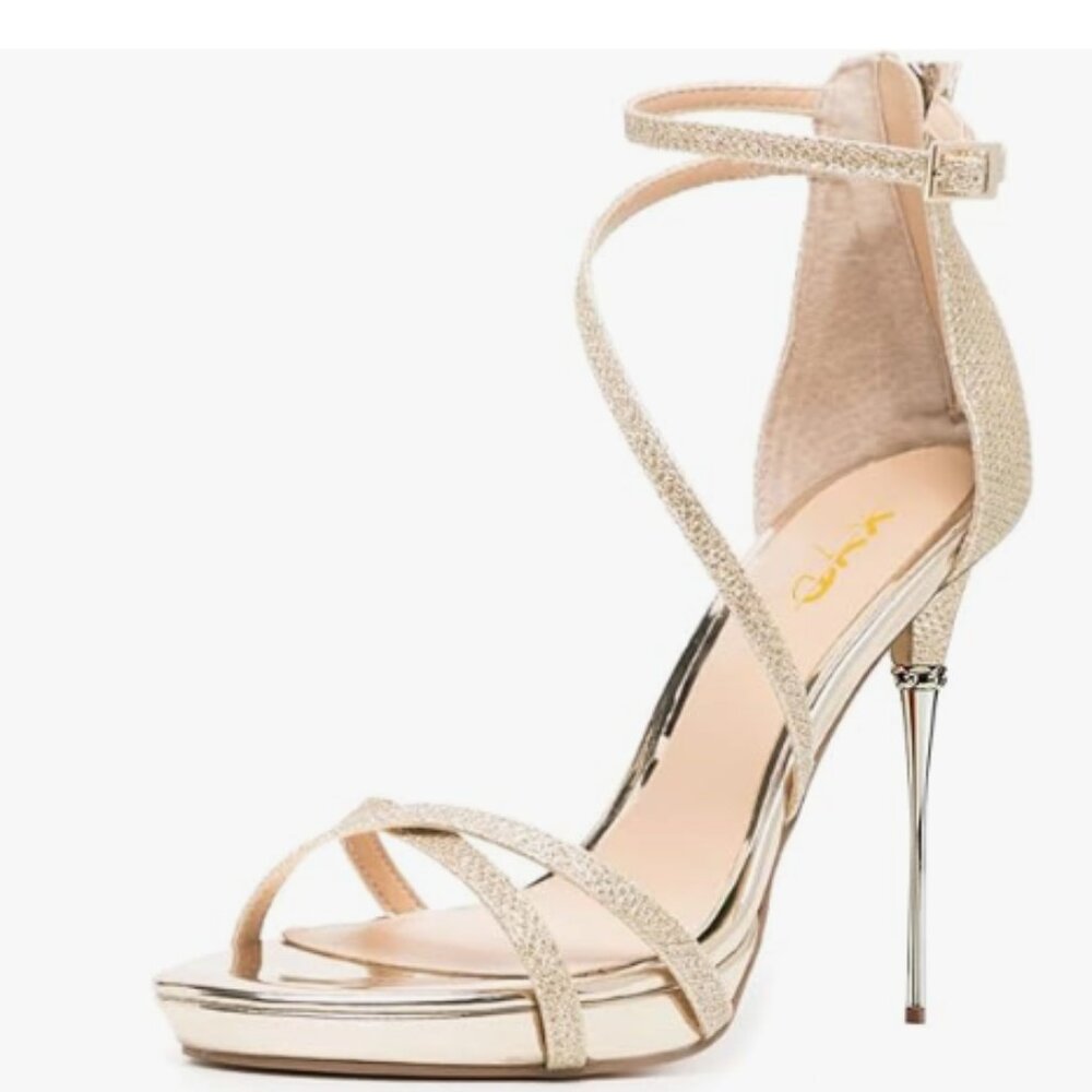 XYD Gold Platform Stiletto High Heels Glitter Open Toe Strappy Back Zip Sandals